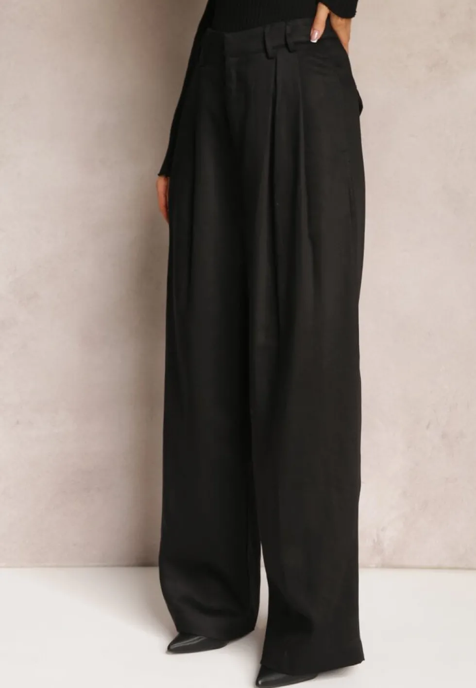 Czarne Szerokie Spodnie High Waist z Kieszeniami Keanne