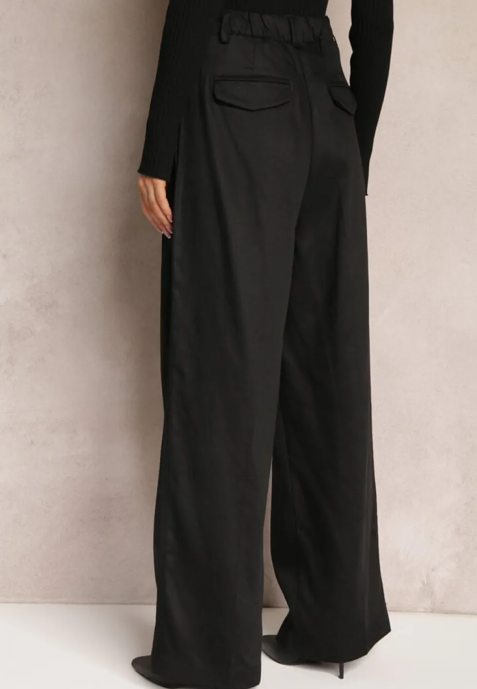Czarne Szerokie Spodnie High Waist z Kieszeniami Keanne