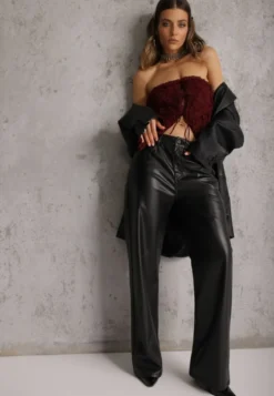 Czarne Szerokie Spodnie High Waist z Imitacji Skóry Enawinn