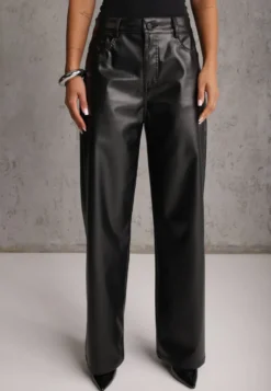 Czarne Szerokie Spodnie High Waist z Imitacji Skóry Enawinn