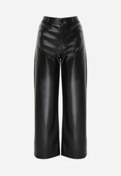Czarne Szerokie Spodnie High Waist z Imitacji Skóry Enawinn