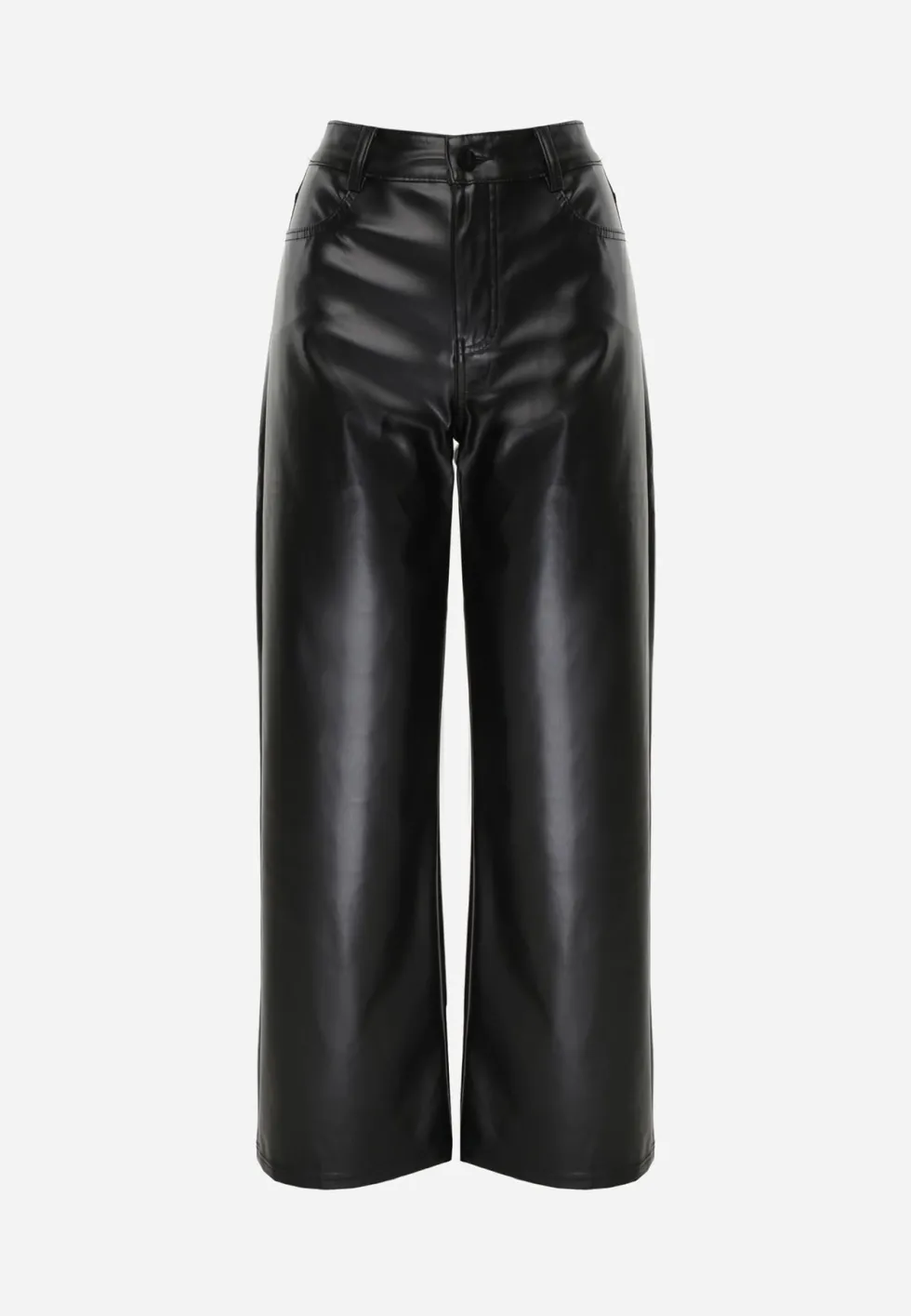 Czarne Szerokie Spodnie High Waist z Imitacji Skóry Enawinn