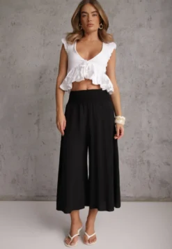 Czarne Szerokie Spodnie High Waist o Długości 7/8 Rathi