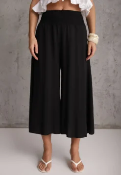 Czarne Szerokie Spodnie High Waist o Długości 7/8 Rathi