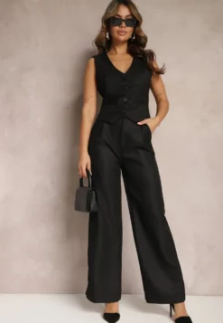 Czarne Szerokie Spodnie High Waist Obszyte Metaliczną Nicią Silvaine