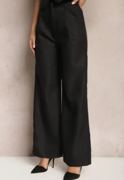 Czarne Szerokie Spodnie High Waist Obszyte Metaliczną Nicią Silvaine