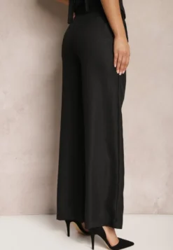 Czarne Szerokie Spodnie High Waist Obszyte Metaliczną Nicią Silvaine