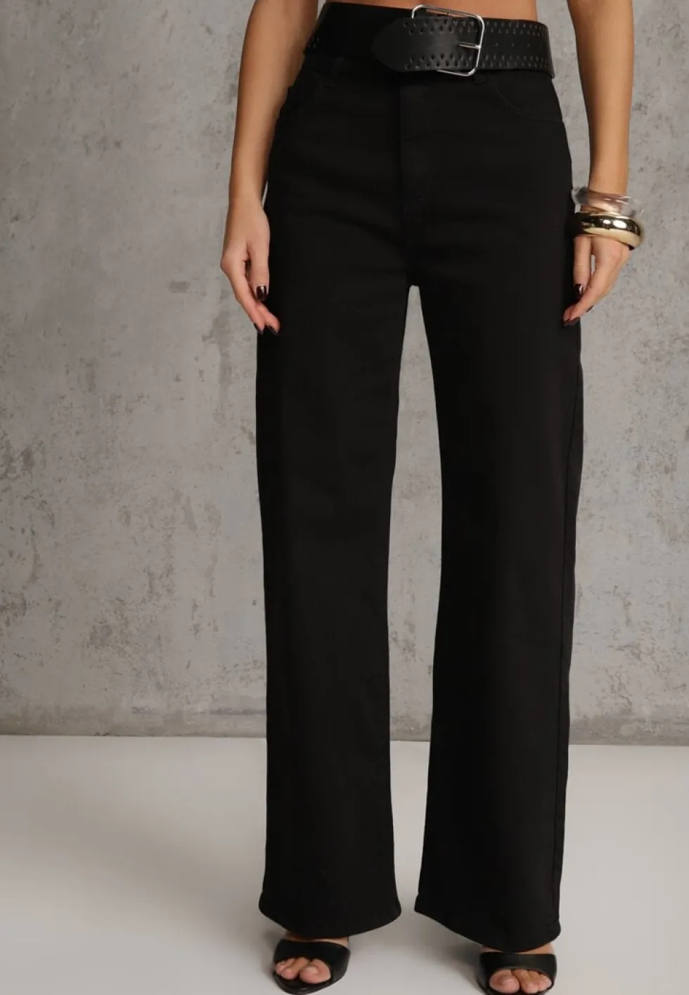 Czarne Szerokie Spodnie High Waist z Bawełny Rhethyphe