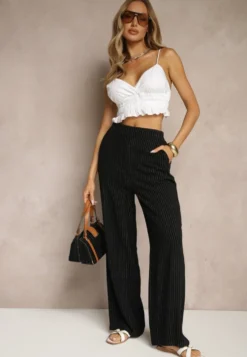 Czarne Szerokie Spodnie High Waist z Lnu i Bawełny Ivelpio