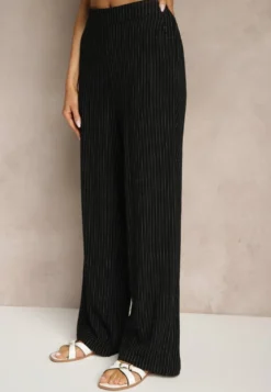 Czarne Szerokie Spodnie High Waist z Lnu i Bawełny Ivelpio