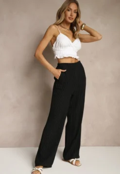 Czarne Szerokie Spodnie High Waist z Lnu i Bawełny Ivelpio