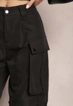 Czarne Szerokie Spodnie High Waist w Stylu Cargo Vomisal