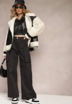 Czarne Szerokie Spodnie High Waist w Stylu Cargo Vomisal