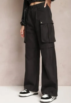 Czarne Szerokie Spodnie High Waist w Stylu Cargo Vomisal
