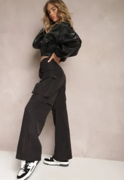 Czarne Szerokie Spodnie High Waist w Stylu Cargo Vomisal
