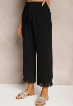 Czarne Szerokie Spodnie High Waist z Gumką w Pasie Jolfea
