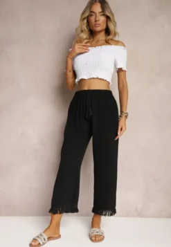 Czarne Szerokie Spodnie High Waist z Gumką w Pasie Jolfea