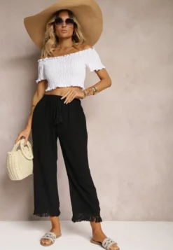 Czarne Szerokie Spodnie High Waist z Gumką w Pasie Jolfea