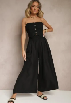 Czarne Szerokie Spodnie High Waist z Szeroką Gumą w Pasie Korissele