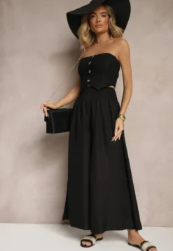 Czarne Szerokie Spodnie High Waist z Szeroką Gumą w Pasie Korissele