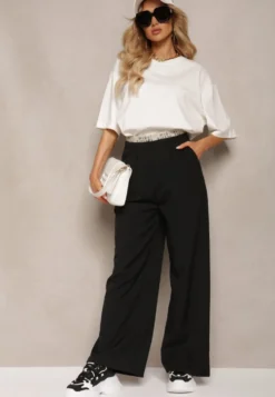 Czarne Szerokie Spodnie w Stylu Garniturowym High Waist Folara