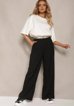Czarne Szerokie Spodnie w Stylu Garniturowym High Waist Folara