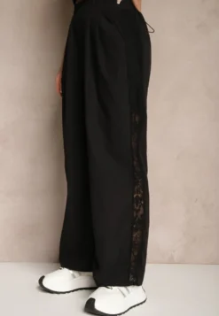 Czarne Szerokie Spodnie z Bawełną High Waist Ozdobione Koronką Efandiela