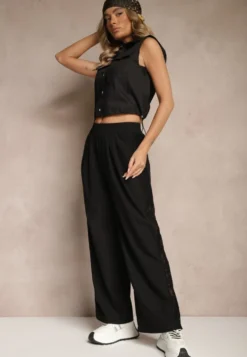 Czarne Szerokie Spodnie z Bawełną High Waist Ozdobione Koronką Efandiela