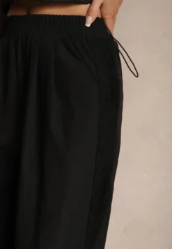 Czarne Szerokie Spodnie z Bawełną High Waist Ozdobione Koronką Efandiela