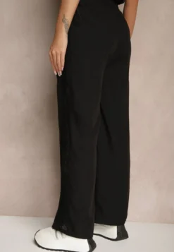 Czarne Szerokie Spodnie z Bawełną High Waist Ozdobione Koronką Efandiela
