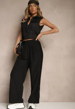 Czarne Szerokie Spodnie z Bawełną High Waist Ozdobione Koronką Efandiela