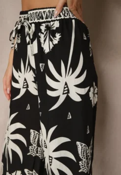 Czarne Szerokie Spodnie z Gumką w Pasie w Stylu Boho Evirami