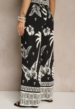 Czarne Szerokie Spodnie z Gumką w Pasie w Stylu Boho Evirami