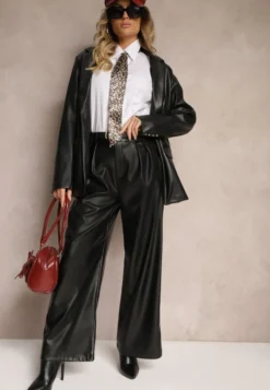 Czarne Szerokie Spodnie z Imitacji Skóry High Waist z Paskiem z Klamrą Labora