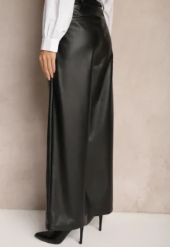 Czarne Szerokie Spodnie z Imitacji Skóry High Waist z Paskiem z Klamrą Labora
