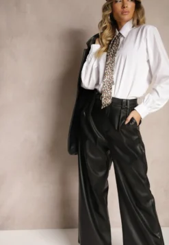 Czarne Szerokie Spodnie z Imitacji Skóry High Waist z Paskiem z Klamrą Labora
