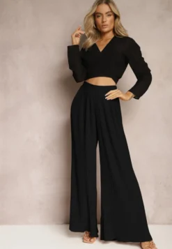 Czarne Szerokie Spodnie z Plisami High Waist Mirealli