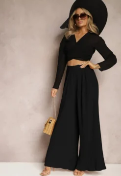 Czarne Szerokie Spodnie z Plisami High Waist Mirealli