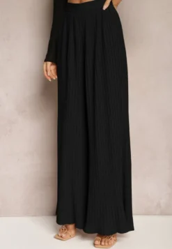 Czarne Szerokie Spodnie z Plisami High Waist Mirealli