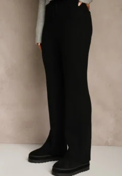 Czarne Szerokie Spodnie z Wełną High Waist z Prążkowanego Materiału Reinna