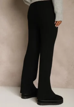 Czarne Szerokie Spodnie z Wełną High Waist z Prążkowanego Materiału Reinna