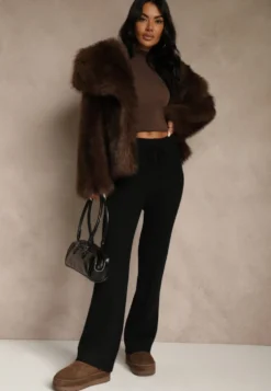 Czarne Szerokie Spodnie z Wełną High Waist z Prążkowanego Materiału Reinna