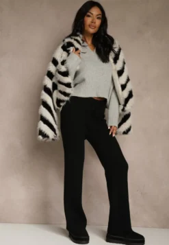 Czarne Szerokie Spodnie z Wełną High Waist z Prążkowanego Materiału Reinna
