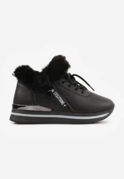 Czarne Sznurowane Botki Sneakersy z Futerkiem Gameda