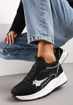 Czarne Sznurowane Sneakersy na Grubej Podeszwie z Błyszczącymi Wstawkami Nithirela