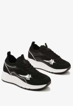 Czarne Sznurowane Sneakersy na Grubej Podeszwie z Błyszczącymi Wstawkami Nithirela