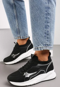 Czarne Sznurowane Sneakersy na Grubej Podeszwie z Błyszczącymi Wstawkami Nithirela