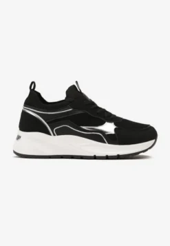 Czarne Sznurowane Sneakersy na Grubej Podeszwie z Błyszczącymi Wstawkami Nithirela