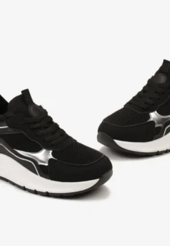 Czarne Sznurowane Sneakersy na Grubej Podeszwie z Błyszczącymi Wstawkami Nithirela