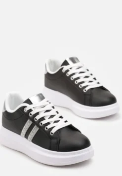 Czarne Sznurowane Sneakersy z Imitacji Skóry Ozdobione Paskami z Cyrkoniami Isolinna